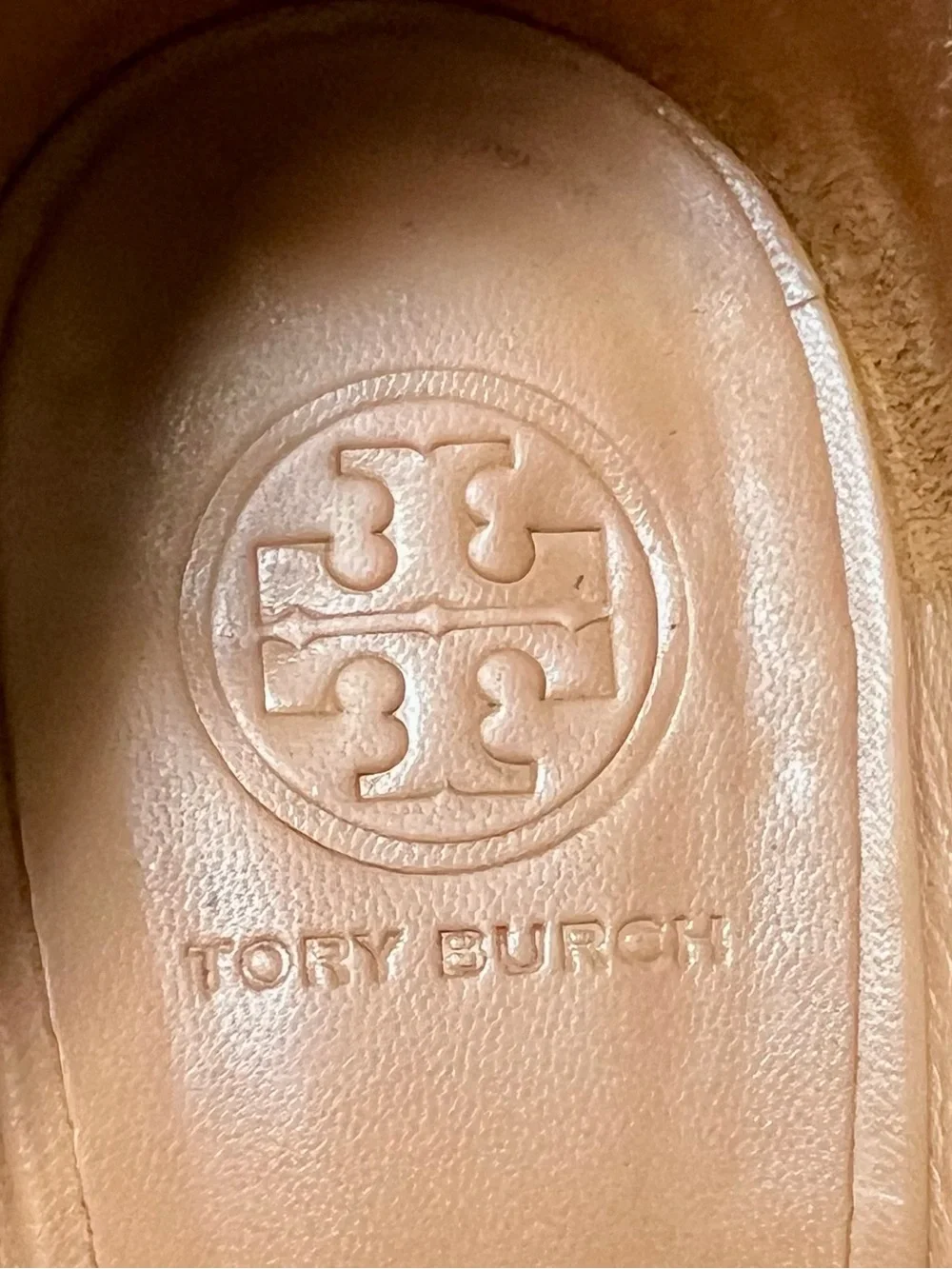 TORY BURCH Sally Peep Toe Camel Brown Leather Wedge & Gold Signature Medallion
